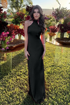 Cocoslly High Neck Sleeveless High Waist Long Mermaid Prom Dress | Fuchsia Satin XJ0757