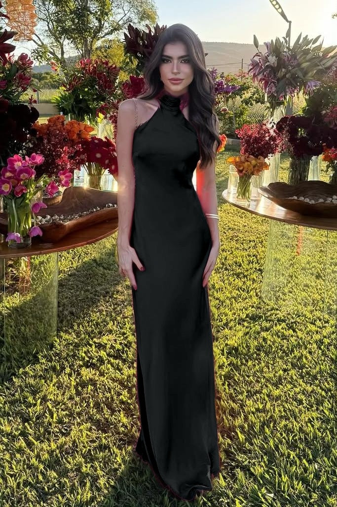 Cocoslly High Neck Sleeveless High Waist Long Mermaid Prom Dress | Fuchsia Satin XJ0757