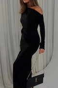 Cocoslly Long Sleeves High Waist Long Mermaid Prom Dress With Pleated | Black Satin XJ0062