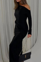 Cocoslly Long Sleeves High Waist Long Mermaid Prom Dress With Pleated | Black Satin XJ0062