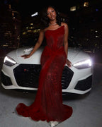 Tulle Asymmetric Strapless Sleeveless Long Pleated Mermaid Prom Dress With Sequins And Ruffles YK0320