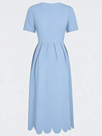 Light Blue Asymmetric Classic Square Neck Short Sleeve A-Line Midi Dress