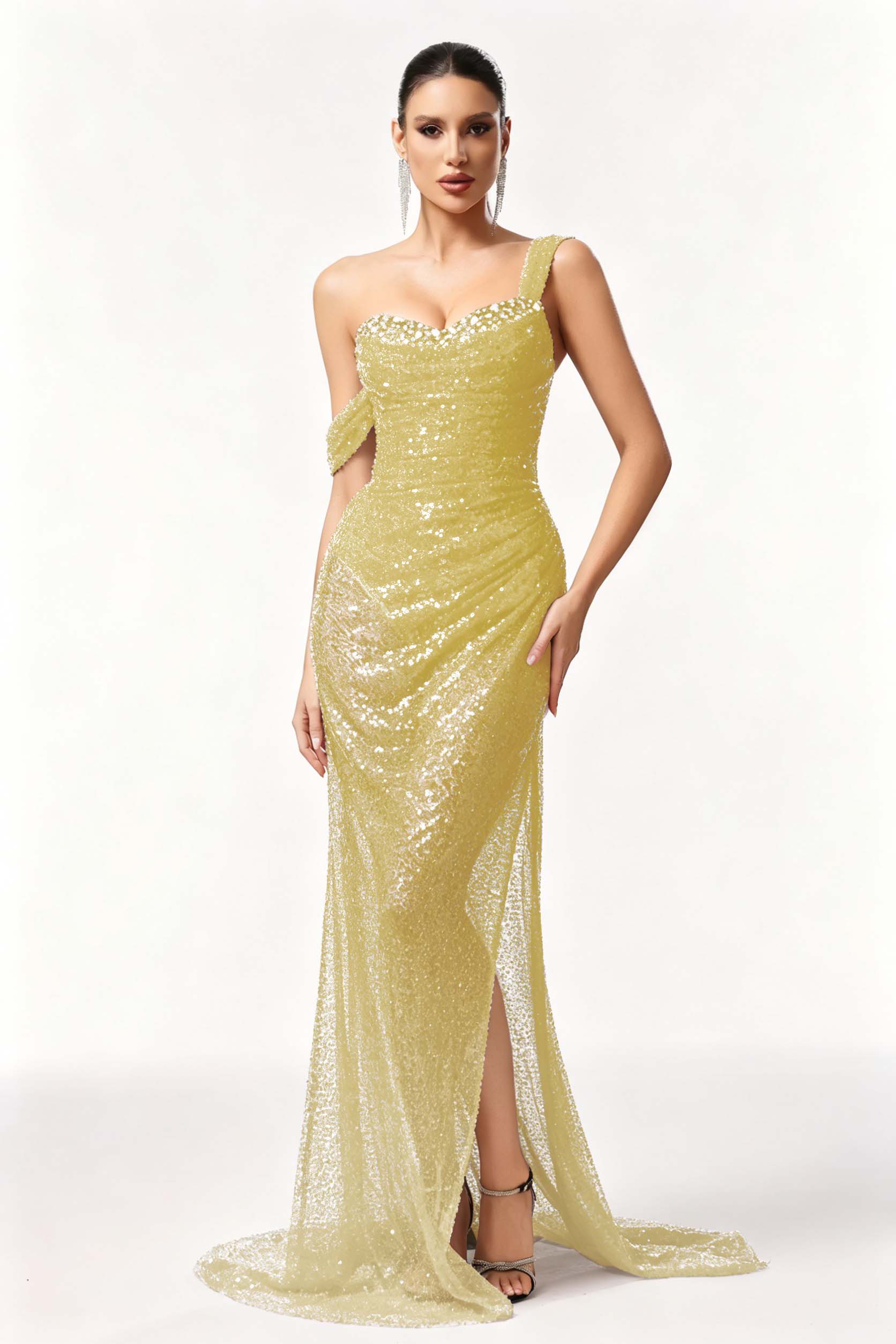 Cocoslly One Shoulder Sleeveless High Waist Long Prom Dress With Split And Rhinstone | Black Sequins JZ0056