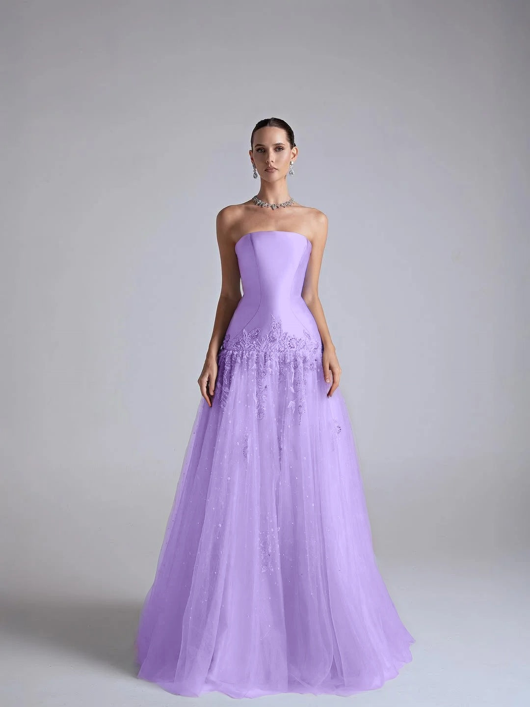 Baby Blue Satin And Tulle Strapless Sleeveless Long Pleated A-Line Prom Dress With Flower Appliqués YK0669