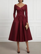 Burgundy Ruched Satin V Neck Long Sleeve A-Line Midi Dress
