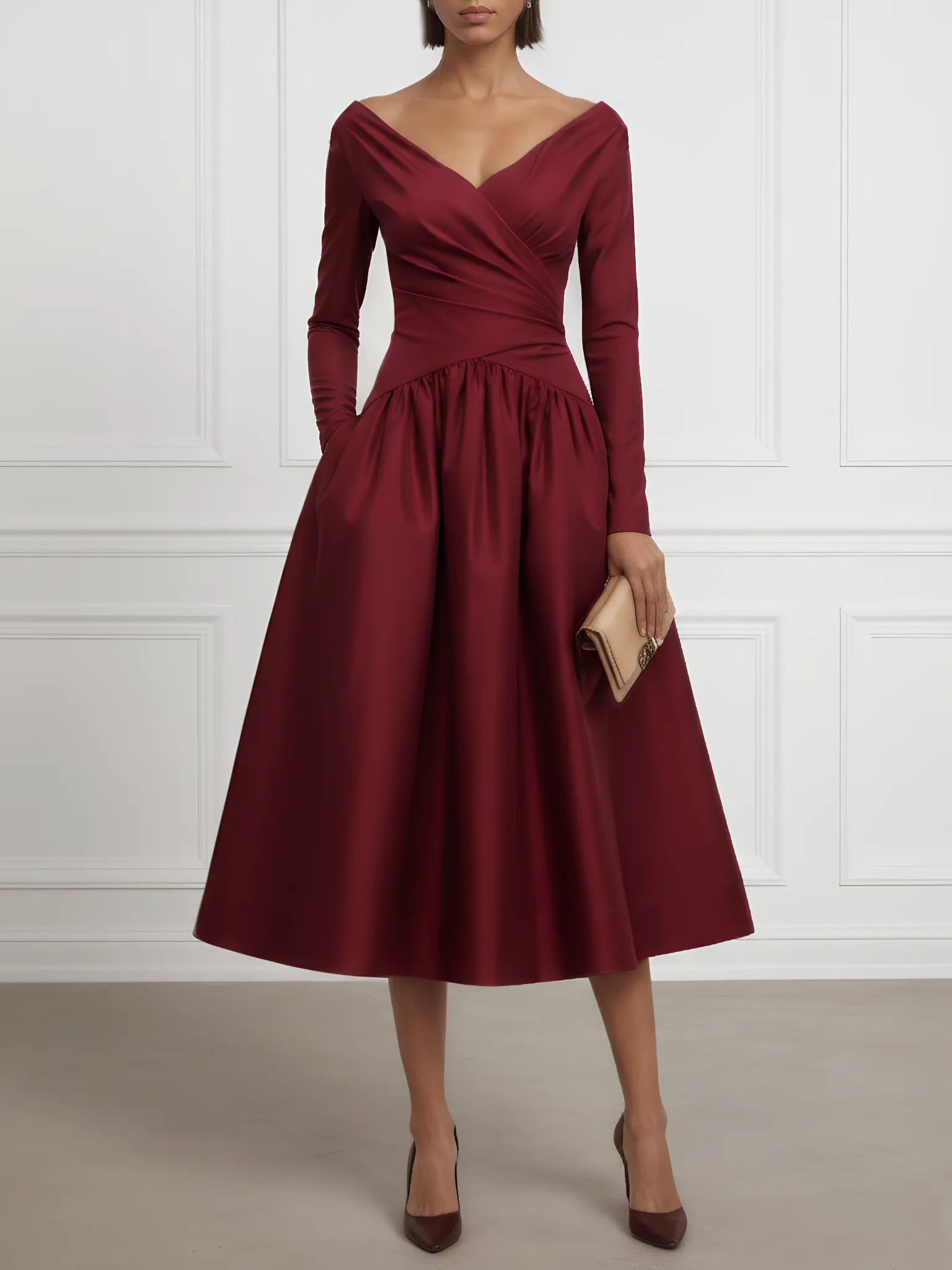 Burgundy Ruched Satin V Neck Long Sleeve A-Line Midi Dress