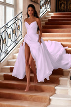 Cocoslly Strapless Sleeveless High Waist Long Prom Dress With Split | White Chiffon MS0738