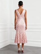 Light Pink 3D Floral Embroidery Classic V Neck Sleeveless Mermaid Midi Dress