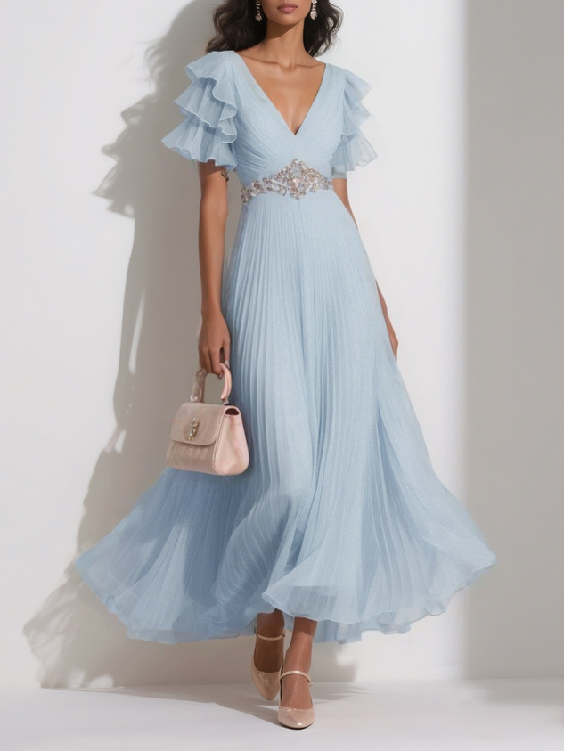 Pink Pleated Rhinestone Chiffon V Neck Short Sleeve Ruffle Sleeve A-Line Maxi Dress