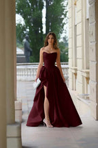 Pink Strapless Sleeveless A Line Long Split Prom Dress With Pleated ED0263