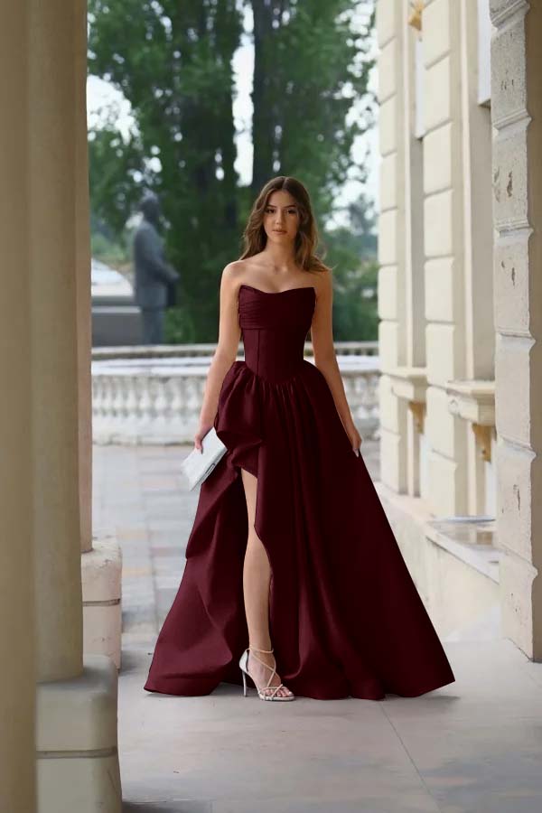 Pink Strapless Sleeveless A Line Long Split Prom Dress With Pleated ED0263
