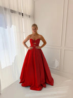 Satin V-Neck Strapless Sleeveless Long A-Line Prom Dress With Pleated And Rhinstone YK0706