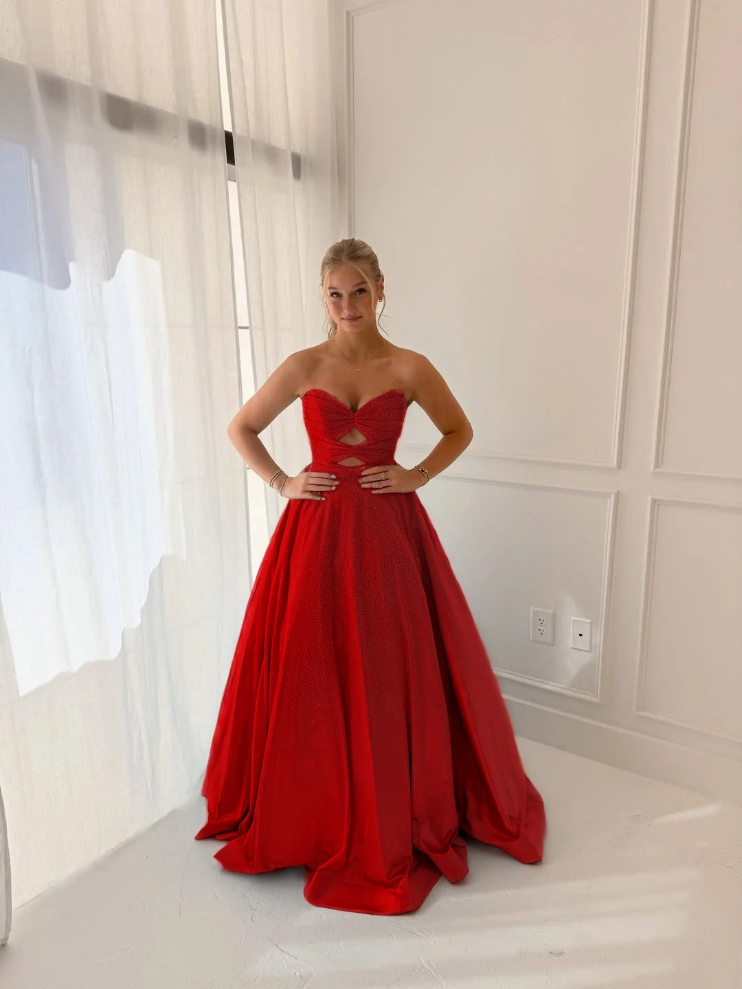 Satin V-Neck Strapless Sleeveless Long A-Line Prom Dress With Pleated And Rhinstone YK0706