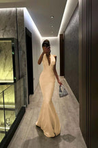 Halter V Neck Sleeveless Long Mermaid Prom Dress With Pleated YK0104