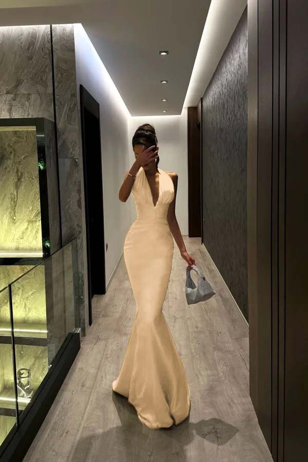 Halter V Neck Sleeveless Long Mermaid Prom Dress With Pleated YK0104