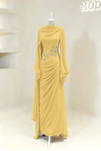 Cocoslly Long Sleeves High Waist Long Prom Dress With Pleated And Beading Pearls | Cabemet Chiffon ZA0710