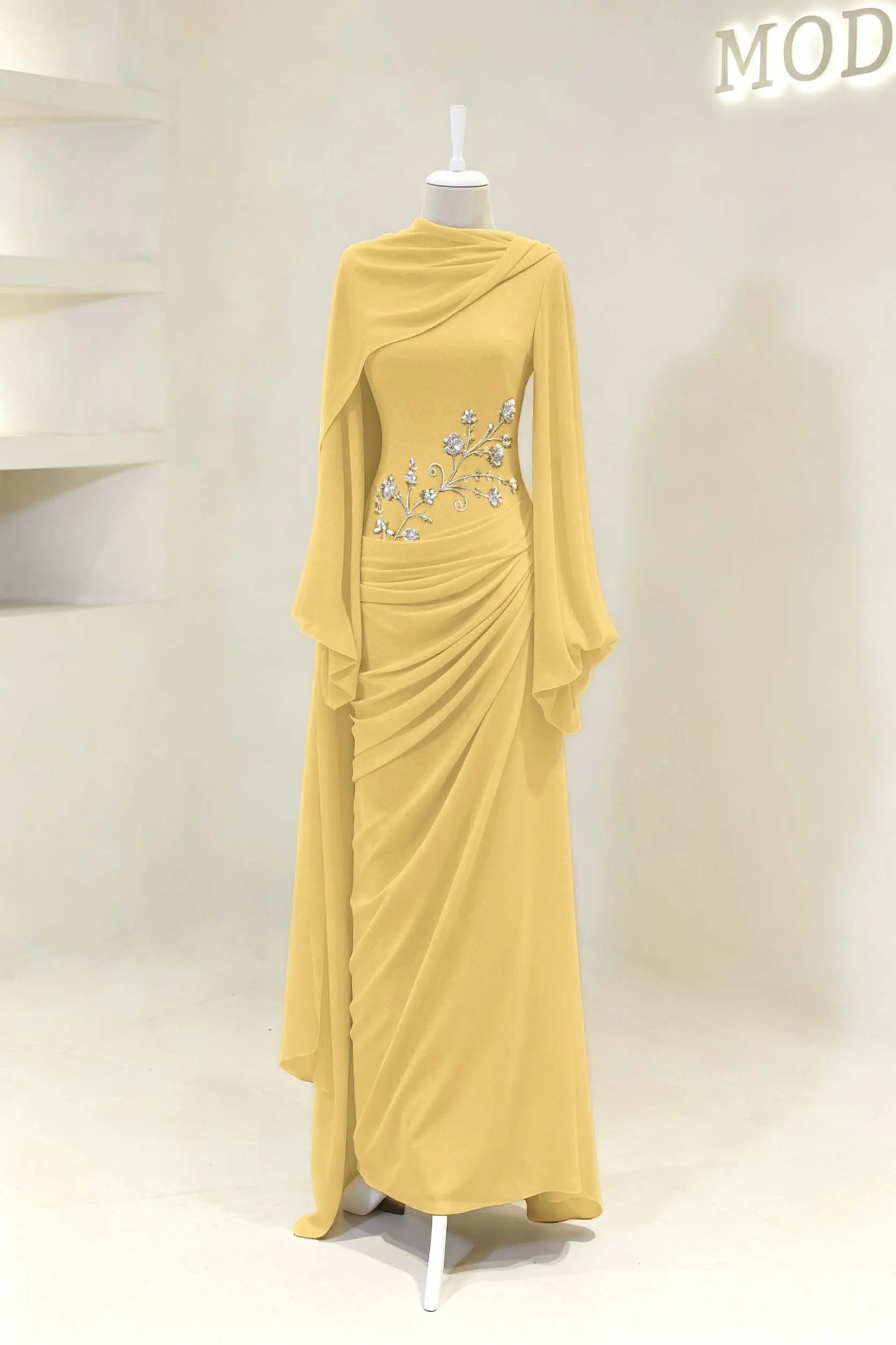 Cocoslly Long Sleeves High Waist Long Prom Dress With Pleated And Beading Pearls | Cabemet Chiffon ZA0710