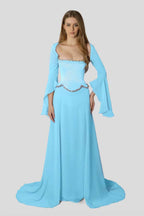 Chiffon Long Sleeves Long Mermaid Prom Dress With Beading Pleated WQ0386