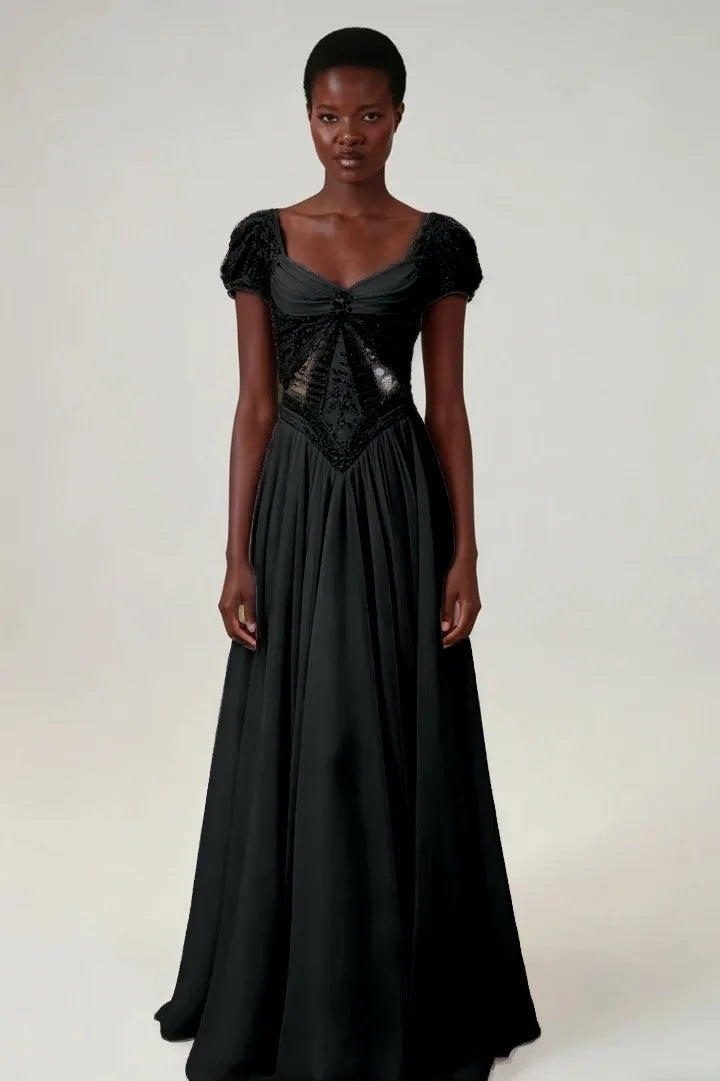 Cocoslly Short Sleeves High Waist Long Prom Dress With Rhinstone | Blushing Pink Chiffon LR0376