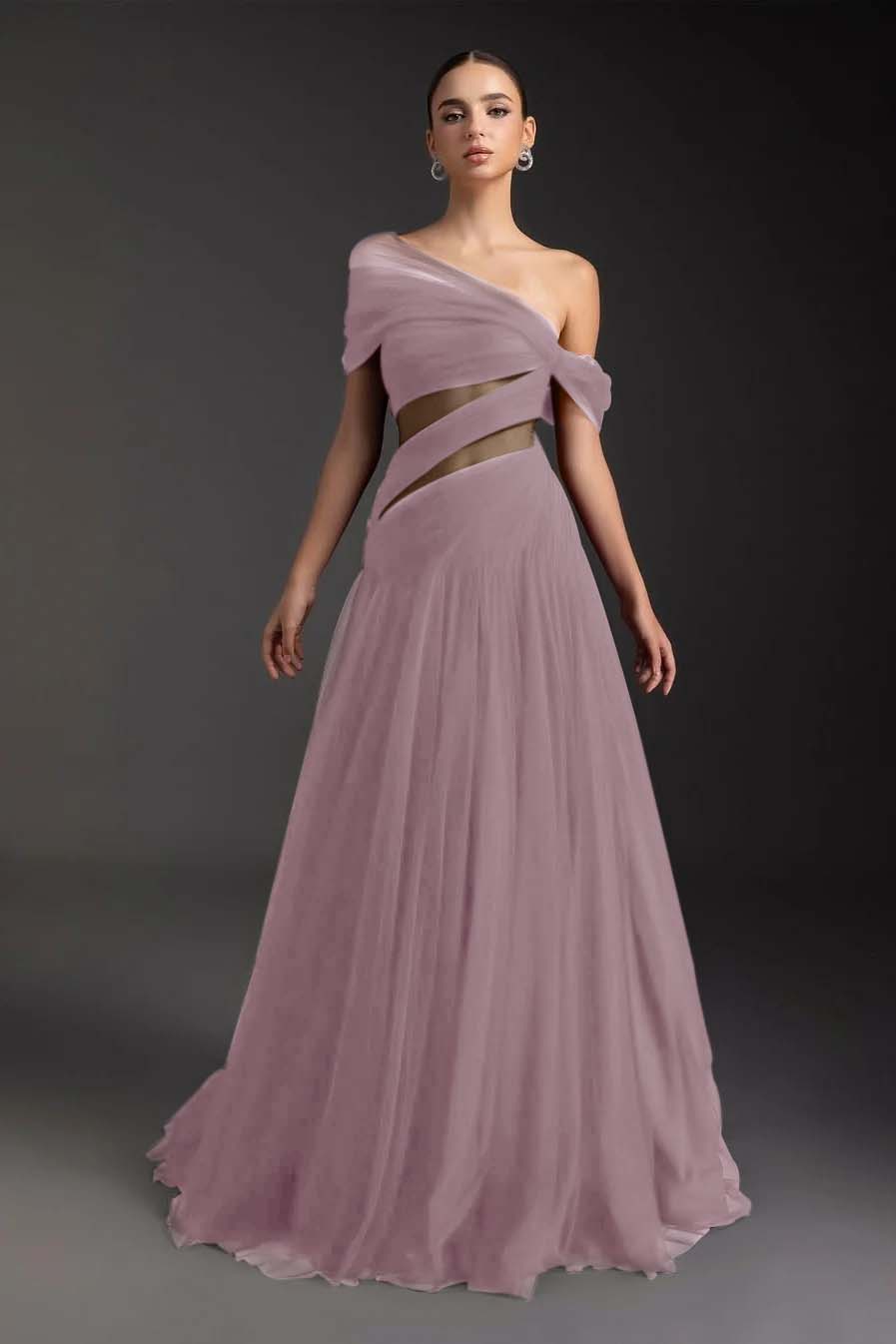 Cocoslly Off-The-Shoulder Long A-Line Prom Dress With Pleated | Burgundy Tulle ZA0173
