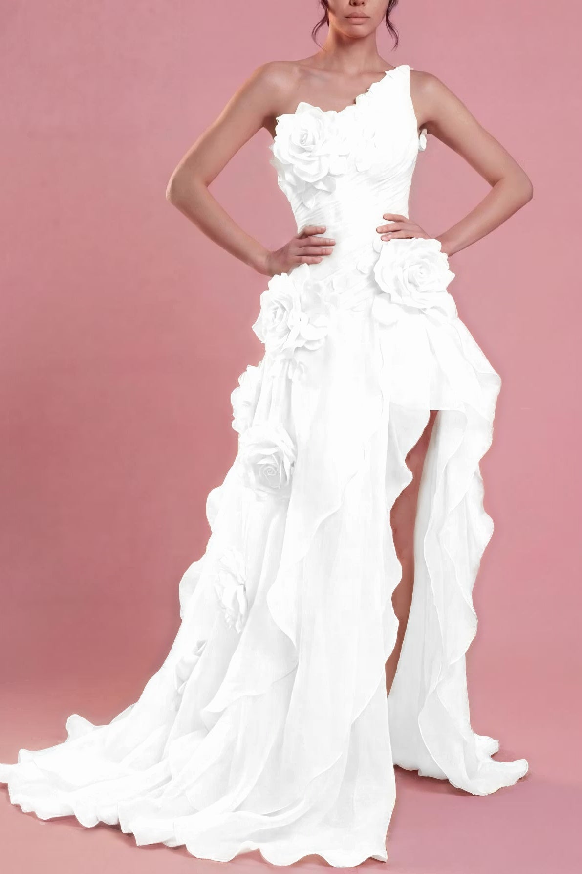 Cocoslly One Shoulder Sleeveless High Waist Long Split Prom Dress With Ruffles And Flowers | Blushing Pink Chiffon YC0489