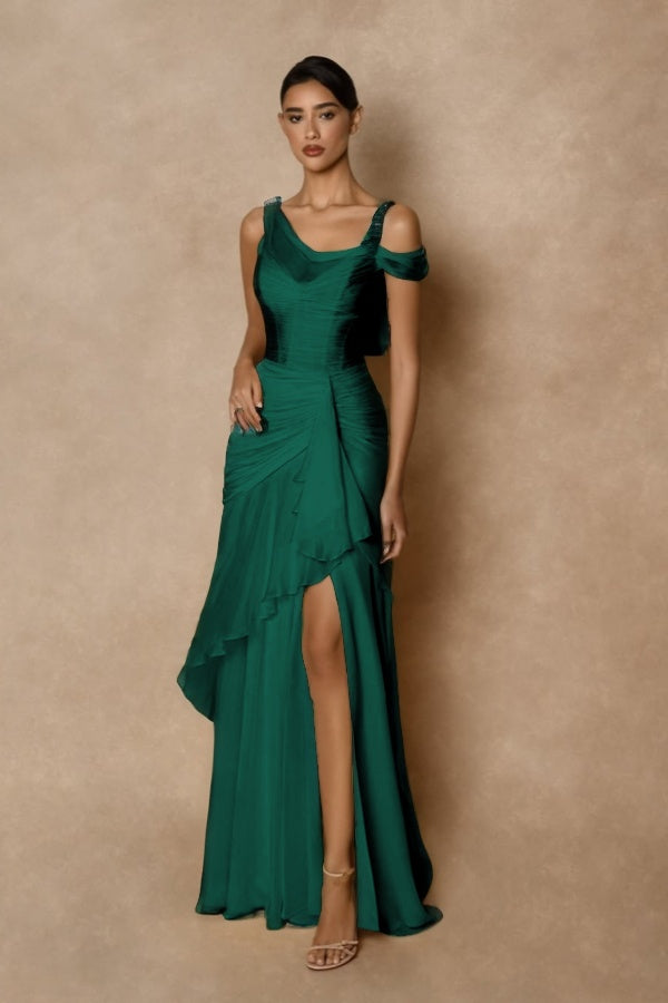 Cocoslly Wide Straps Sleeveless High Waist Long Prom Dress With Split And Ruffles | Glod Chiffon