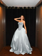 Cocoslly Halter Neck Strapless Sleeveless Long A-Line Prom Dress With Pleated And Sequins Rhinstone | Champage Satin YK0886