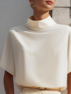 High-Neck Minimalist Draped Blouse Top