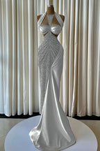 Cocoslly Halter Sleeveless High Waist Long Mermaid Prom Dress With Beading Pearls | Blush Champagne Satin JZ0163