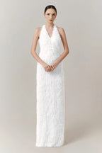 Cocoslly Halter Sleeveless High Waist Long Prom Dress With Tassel | Blushing Pink Feather JZ0095