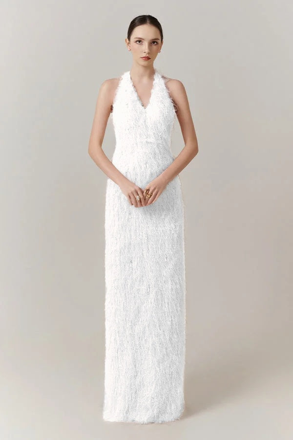 Cocoslly Halter Sleeveless High Waist Long Prom Dress With Tassel | Blushing Pink Feather JZ0095