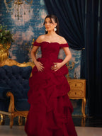 Tulle Strapless Off-The-Shoulder Sleeveless Long Pleated A-Line Prom Dress With Beadings And Rhinstone YK0769