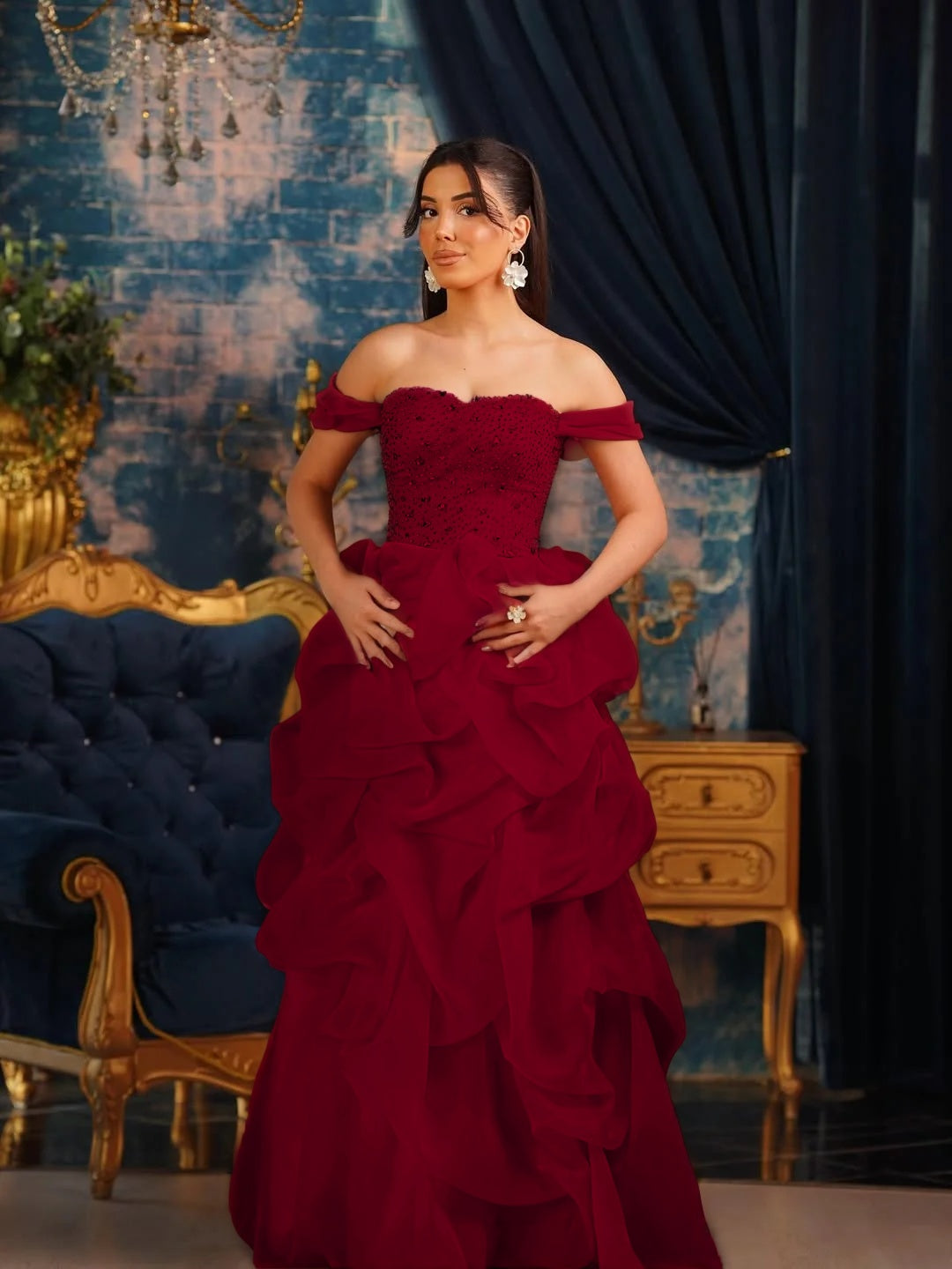 Tulle Strapless Off-The-Shoulder Sleeveless Long Pleated A-Line Prom Dress With Beadings And Rhinstone YK0769