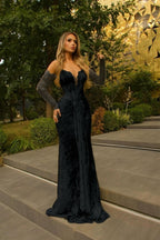 Cocoslly Strapless Sleeveless High Waist Long Mermaid Prom Dress With Gloves | Glod Lace WQ0318