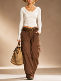 Western-style Retro Casual Set Featuring A White Cowl-neck Top And Brown Cotton Pants Set