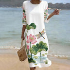 Vintage Lotus And Dragonfly Art Pattern Linen Blend Loose Three-quarter Sleeve Dress