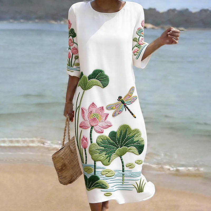 Vintage Lotus And Dragonfly Art Pattern Linen Blend Loose Three-quarter Sleeve Dress