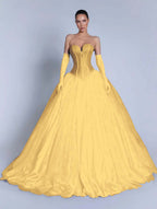 Tulle Sweetheart Strapless Sleeveless Long A-Line Prom Dress With Bow And Gloves YK0721