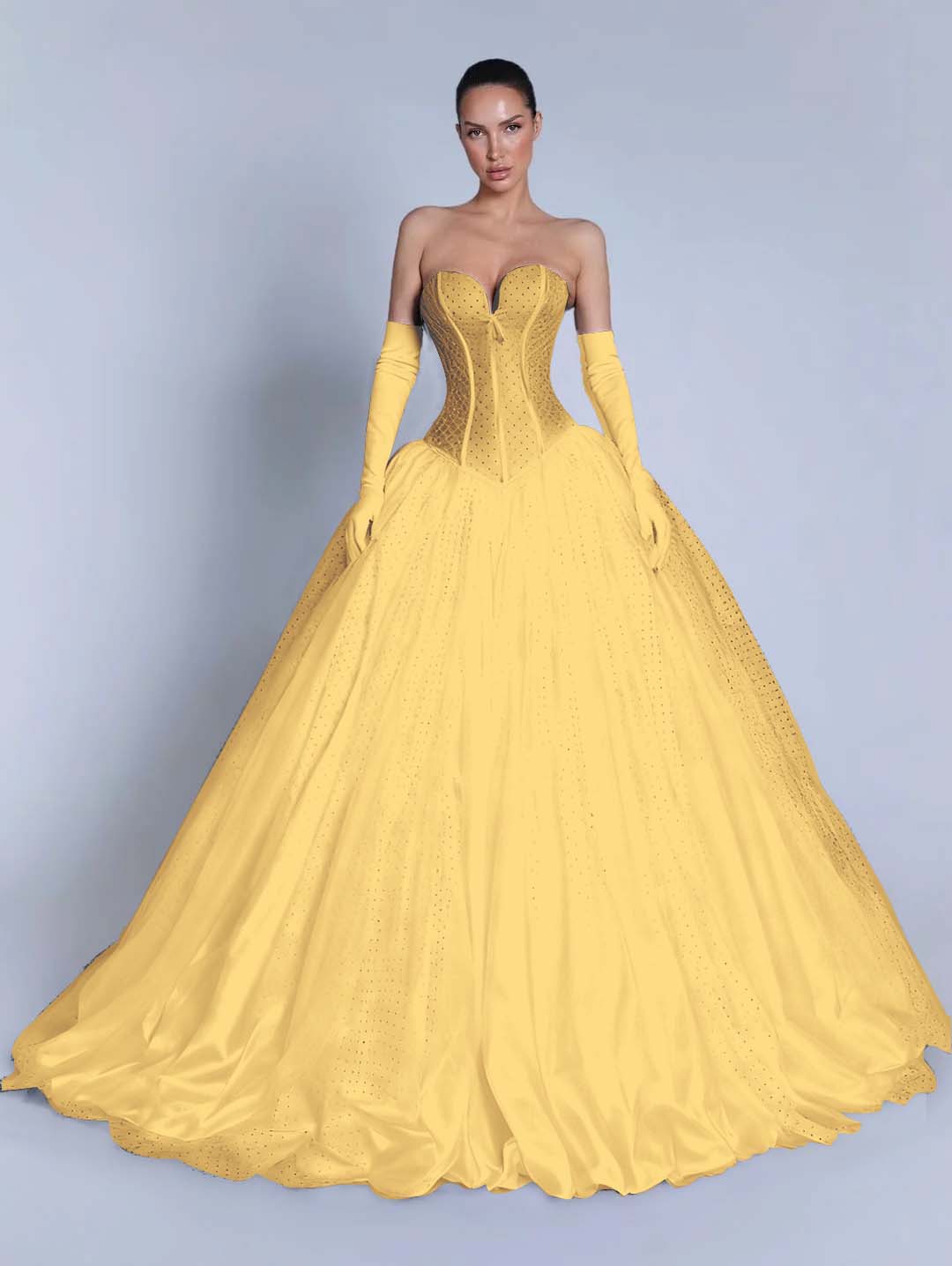 Tulle Sweetheart Strapless Sleeveless Long A-Line Prom Dress With Bow And Gloves YK0721