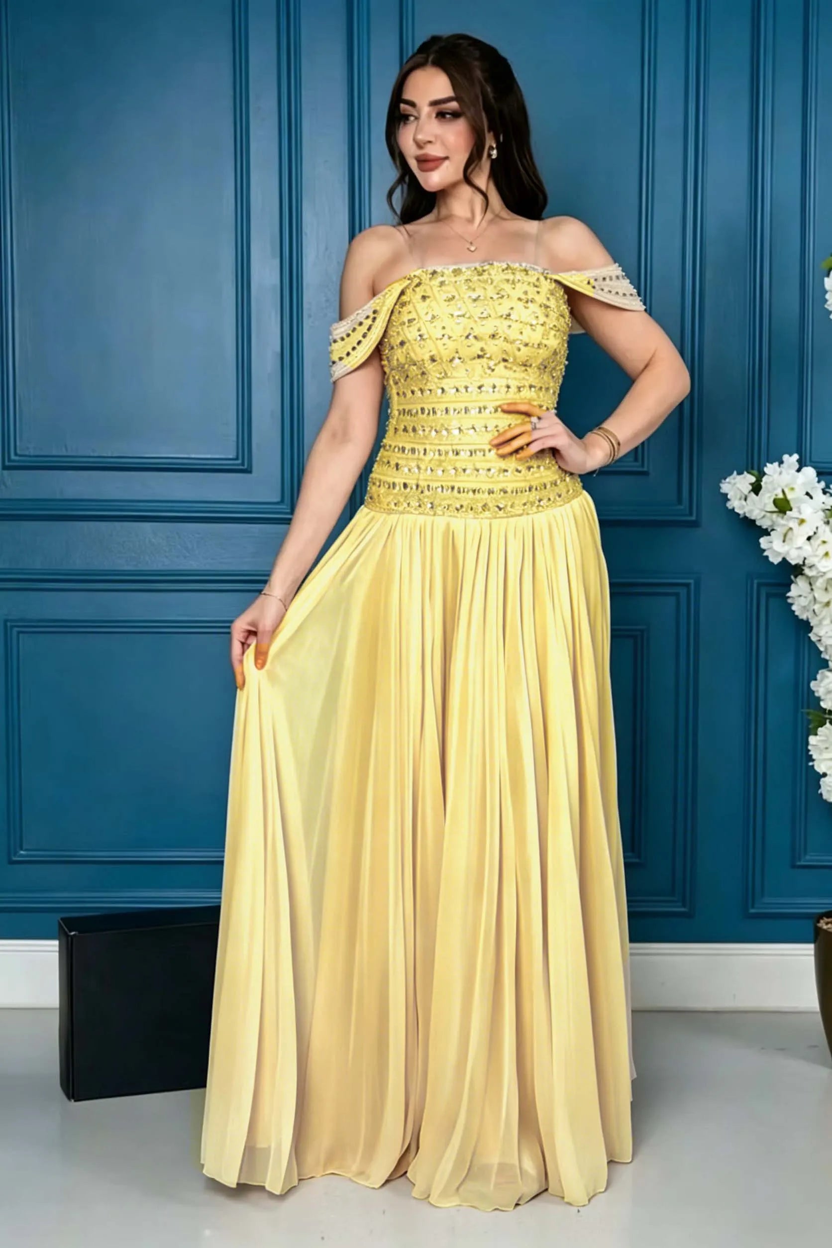 Cocoslly Off-The-Shoulder Sleeveless High Waist Long Prom Dress With Rhinstone | Champage Chiffon LR0566