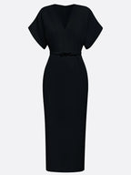 Black Slit Classic V Neck Short Sleeve Dolman Sleeve Sheath Midi Dress With Belt