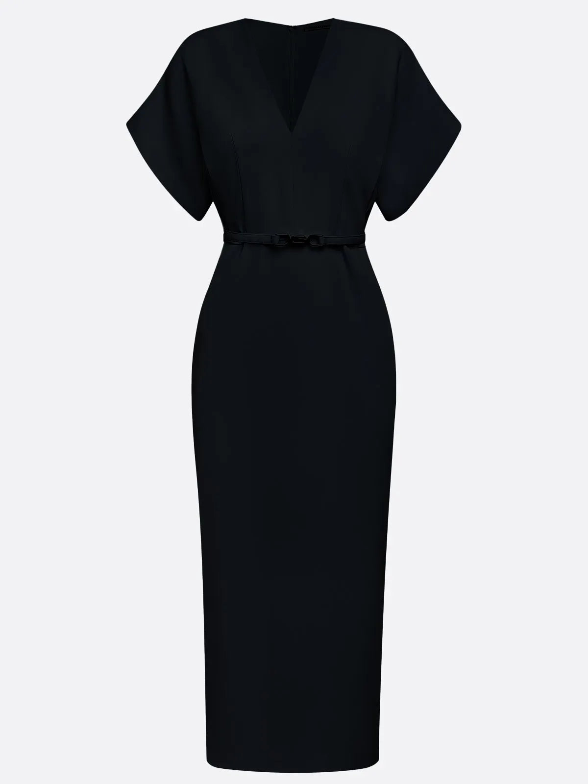 Black Slit Classic V Neck Short Sleeve Dolman Sleeve Sheath Midi Dress With Belt