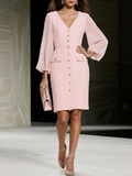 Pink Buckle Tweed V Neck Long Balloon Sleeve Sheath Midi Dress