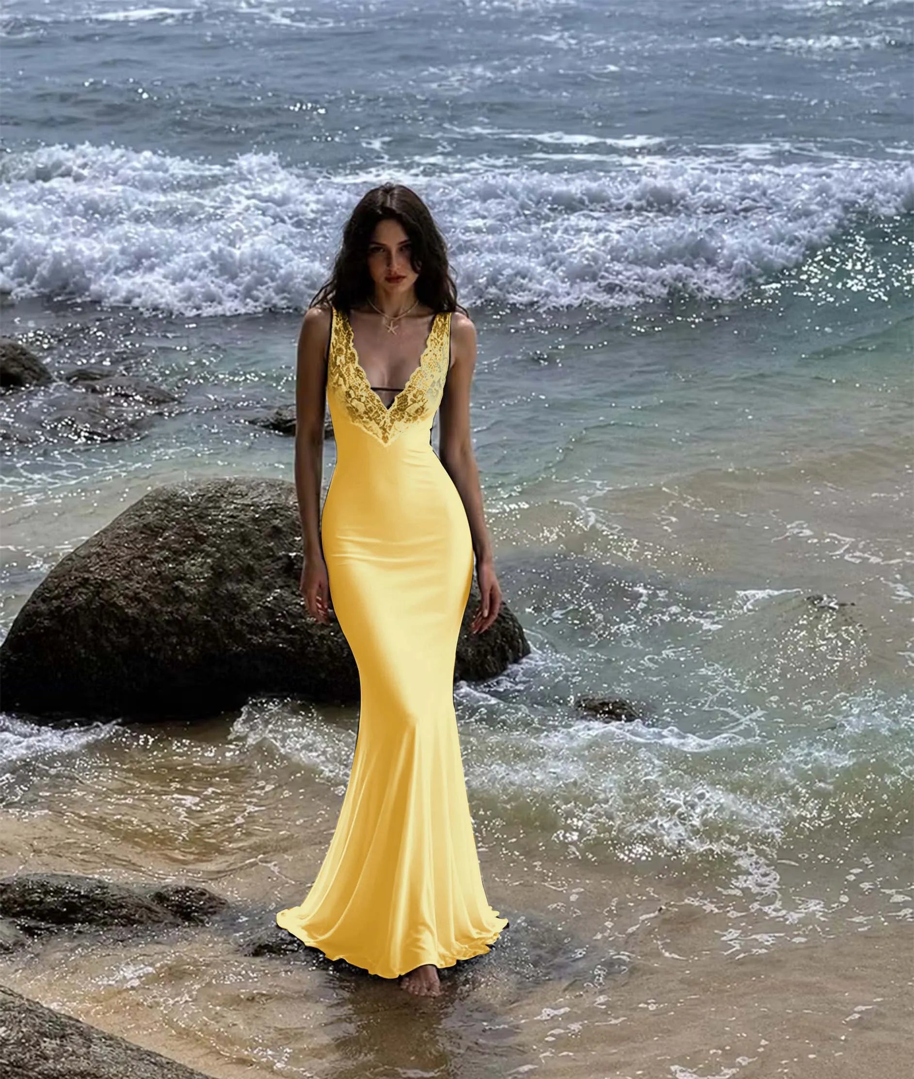 Cocoslly V-Neck Sleeveless High Waist Long Mermaid Prom Dress With Lace | Black Satin LX0099
