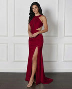 Cocoslly Halter Sleeveless High Waist Long Prom Dress With Split And Pleated | White Satin LX0111