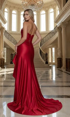 Cocoslly Strapless Sleeveless High Waist Long Prom Dress With Split And Ruffles | Burgundy Satin CO0152