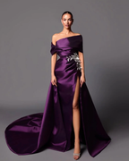 Satin Asymmetric Off-The-Shoulder Sleeveless Long Pleated Mermaid Prom Dress With Appliqués And Split YK0598