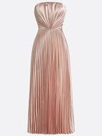 Rose Gold Pink Pleated Satin Strapless Sleeveless A-Line Midi Dress