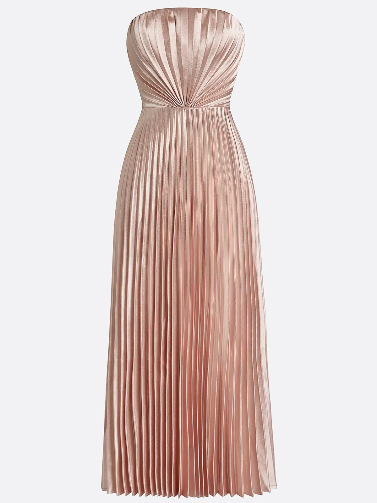 Rose Gold Pink Pleated Satin Strapless Sleeveless A-Line Midi Dress