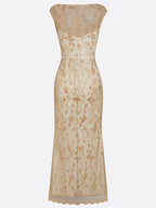 Champagne Embroidery Lace Boat Neck Sleeveless Sheath Maxi Dress